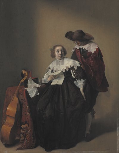 Eine sitzende Frau mit einem Brief, ein Herr steht neben ihr von Willem Cornelisz Duyster