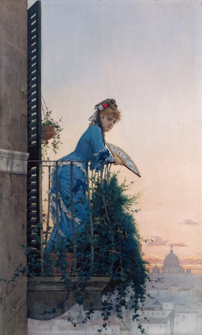 Eine elegante Schönheit auf einem Balkon mit Blick auf Rom, mit der Kuppel von St. Peter in der Ferne von Willem Johannes Martens