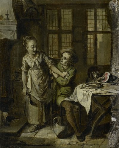 Galante Szene in einer Kücheninterieur von Willem Joseph Laquy