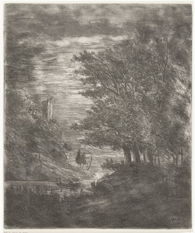 Hügellandschaft mit Ruine und Boot auf Wasser bei Mondlicht von Willem Matthias Jan van Dielen