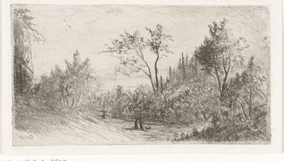 Hügellandschaft mit Spaziergängern und Hund am Waldrand von Willem Matthias Jan van Dielen