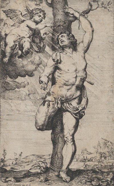 Das Martyrium des Heiligen Sebastian, mit Engeln, die ihn oben links krönen, ca. 1620-32 von Willem Panneels