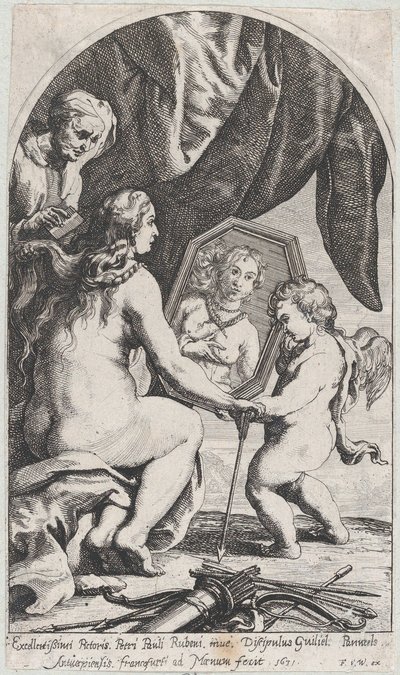 Venus vor einem Spiegel, gehalten von Amor, während ihr Haar von einer alten Frau gekämmt wird, 1631 von Willem Panneels