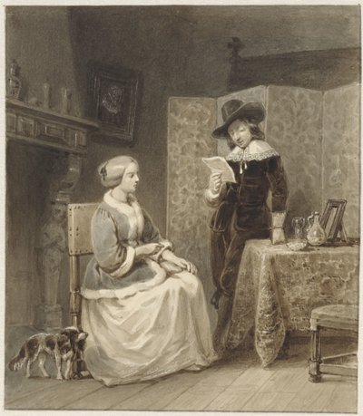 Historisches Interieur mit sitzender Frau und stehendem, lesendem Mann von Willem Pieter Hoevenaar