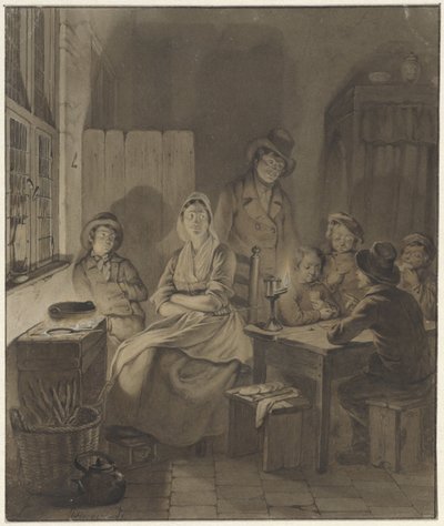 Interieur mit Gruppe von Menschen um einen Tisch bei Kerzenlicht von Willem Pieter Hoevenaar