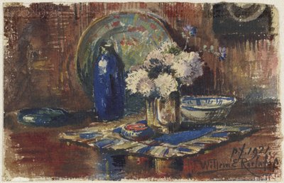 Stillleben mit blauer Flasche und Vase mit Blumen von Willem Roelofs (II)