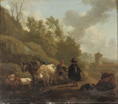 Ein Kuhhirte und Rinder in einer italienischen Landschaft von Willem Romeyn