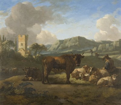 Vieh und Hirten in einer hügeligen Landschaft, ca. 1650-70 von Willem Romeyn