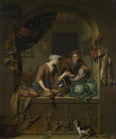 Eine Frau und ein Fischhändler in einer Küche, 1713 von Willem Van Mieris