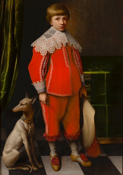 Porträt eines achtjährigen Jungen mit einem Whippet auf einem Schachbrettboden von Willem Willemsz. van der Vliet