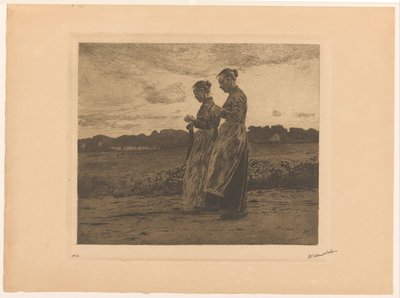 Zwei stehende Strickerinnen in einer Landschaft in Ede von Willem Witsen (signed by artist)