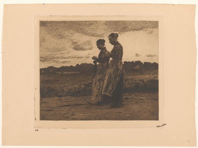 Zwei stehende Strickerinnen in einer Landschaft in Ede von Willem Witsen (signed by artist)