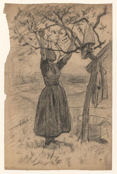 Frau hängt die Wäsche in einen Baum, nach rechts von Willem Arnoldus Witsen
