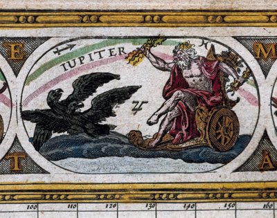Darstellung des Gottes Jupiter, der in seinem Wagen gegen schwarze Adler kämpft (Gravur) in "Le Theatre du Monde" von Willem and Joan  Blaeu