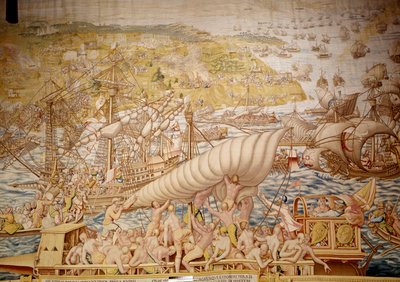 Eroberung von Tunis durch Kaiser Karl V.: die Belagerung von Golette im Jahr 1535. Detail eines Wandteppichs von Willem de Pannemaker (1554) Alcazar de Sevilla von Willem de Pannemaker