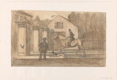 Das Tor an der Scheveningse Weg in Den Haag; ein Reiter mit Hund passiert von Willem van Konijnenburg