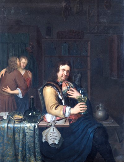 Interieur mit einem trinkenden Kavalier und einem sich umarmenden Paar, ca. 1690-1700 von Willem Van Mieris