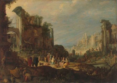 Reisende unter römischen Ruinen mit Rebekka und Eliezer am Brunnen von Willem van Nieulandt (II) (attributed to)