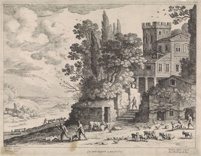 Landschaft mit einem Haus, Figuren und Vieh von Willem van Nieulandt (II)