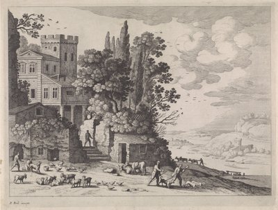 Landschaft mit einem Haus, Figuren und Vieh von Willem van Nieulandt (II)