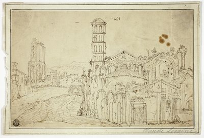 Ansicht in Rom: Torre della Melisa, Ruinen einer frühchristlichen Kirche von Willem van Nieuwlandt II