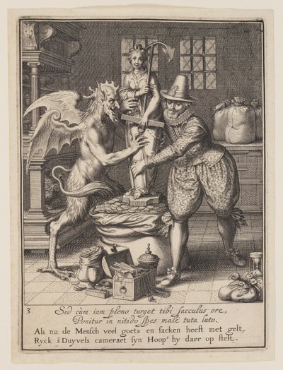 Ein Mann und der Teufel füllen einen Sack mit Geld und errichten eine Statue der Hoffnung, aus Allegorie des Missbrauchs weltlichen Eigentums von Willem van Swanenburgh
