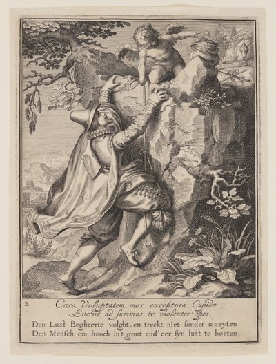 Ein junger Mann, der mit Hilfe von Amor einen Hang erklimmt, aus Allegorie des Missbrauchs weltlichen Eigentums von Willem van Swanenburgh
