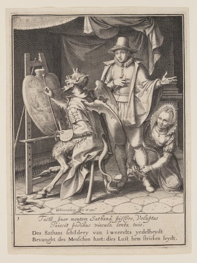 Der Teufel malt das Herz des Menschen, aus Allegorie des Missbrauchs weltlicher Güter von Willem van Swanenburgh