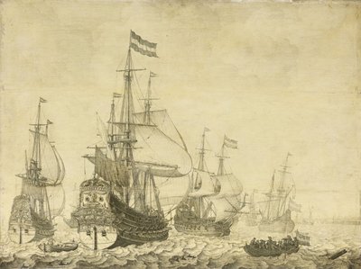 Seestück mit niederländischen Kriegsschiffen, darunter die Drenthe und der Prinz Friedrich-Henry, ca. 1670 von Willem van de Velde
