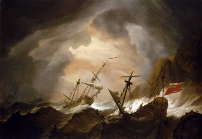 Zwei britische Schiffe im Sturm nahe einer felsigen Küste. Öl auf Leinwand, um 1700, von Willem van de Velde (1633-1707). von Willem van de Velde the Younger