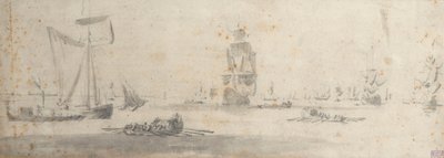 Eine Galeotte bei leichtem Wind und mehrere Lastkähne, ca. 1681 von Willem van de the Elder Velde
