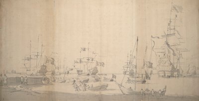 Eine Weyschuit wird in einem überfüllten Hafen an Land gezogen, ca. 1672 von Willem van de the Elder Velde