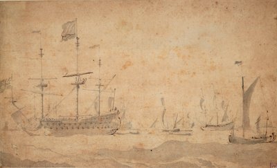 Ein englisches Flaggschiff vor Anker, möglicherweise im Juni 1673 von Willem van de the Elder Velde