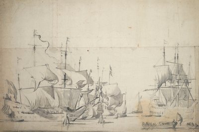 Niederländische Kriegsschiffe beim Segeltrocknen, ca. 1658 von Willem van de the Elder Velde
