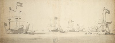 Niederländische Flaggschiffe vor Anker mit Booten daneben, ca. 1664 von Willem van de the Elder Velde
