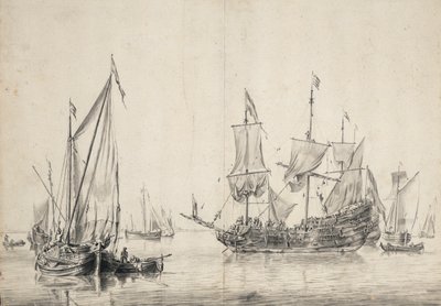 Segelboote und eine niederländische Fregatte, die ihre Segel trocknet. Zeichnung und Waschung (26x37 cm) von William van de Velde l