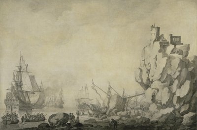 Schiffe und Miliz an einer felsigen Küste, ca. 1680 von Willem van de the Elder Velde
