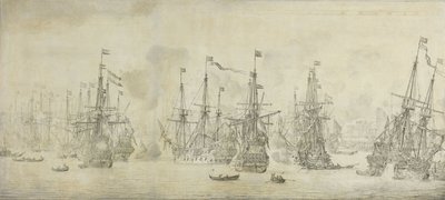 Der gescheiterte Angriff der Engländer auf die Rückkehrflotte im Hafen von Bergen von Willem van de the Elder Velde