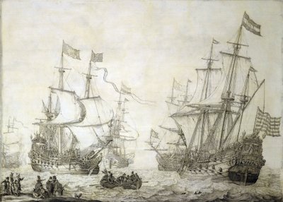 Zwei Handelsschiffe der Niederländischen Ostindien-Kompanie verlassen das Ufer bei ruhigem Wind von Willem van de the Elder Velde