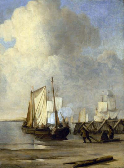 Eine Kaag am Ufer, ein niederländisches Boot für die Binnenschifffahrt von Willem van de Velde the Younger