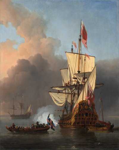 Ein englisches Kriegsschiff feuert einen Salut von Willem van de the Younger Velde