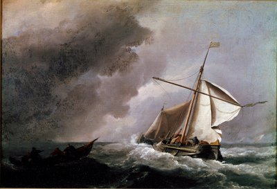 Niederländisches Schiff senkt die Segel und wartet auf ein Rettungsboot von Willem van de Velde the Younger