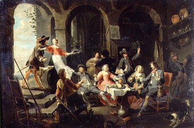 Elegante Gesellschaft beim Feiern in einem Innenraum mit Dienern von Willem van the Elder Herp