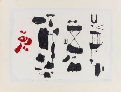 Schwarze Zeichen - Schwarze Figuren mit roter Form von Willi Baumeister