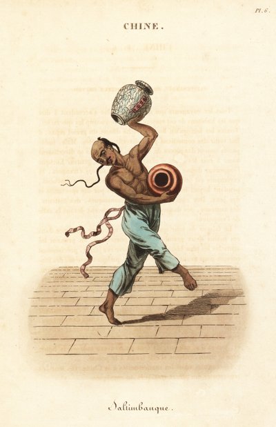 Chinesischer Jongleur tanzt und jongliert mit zwei großen Vasen von William (after) Alexander