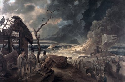 Die Folgen des Krieges, Szene mit Soldaten und Kanonen. Farbiger Druck basierend auf dem Gemälde von William Hodges (1744-1797) von William (after) Hodges