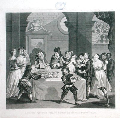Sancho beim Festmahl, ausgehungert von seinem Arzt, graviert von Thomas Cook (1744-1818) von William (after) Hogarth