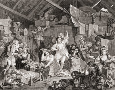 Umherziehende Schauspieler proben in einer Scheune, graviert von G. Presbury, aus The Works of Hogarth, veröffentlicht London 1833 (s/w Gravur) von William (after) Hogarth