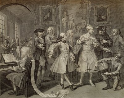 Tom Rakewell umgeben von Künstlern und Professoren, Platte II aus The Rake