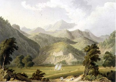 Zugang zum Bore Ghaut, nach einem Gemälde von Lt. Col. Johnson, graviert von T. Fielding und koloriert von J.B. Hogarth von William (after) Westall